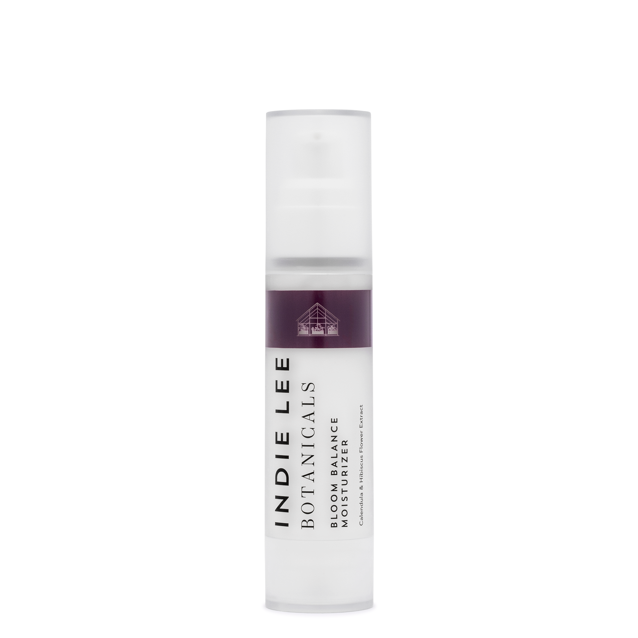 Bottle of Indie Lee Botanicals Bloom Balance Moisturizer on a white background