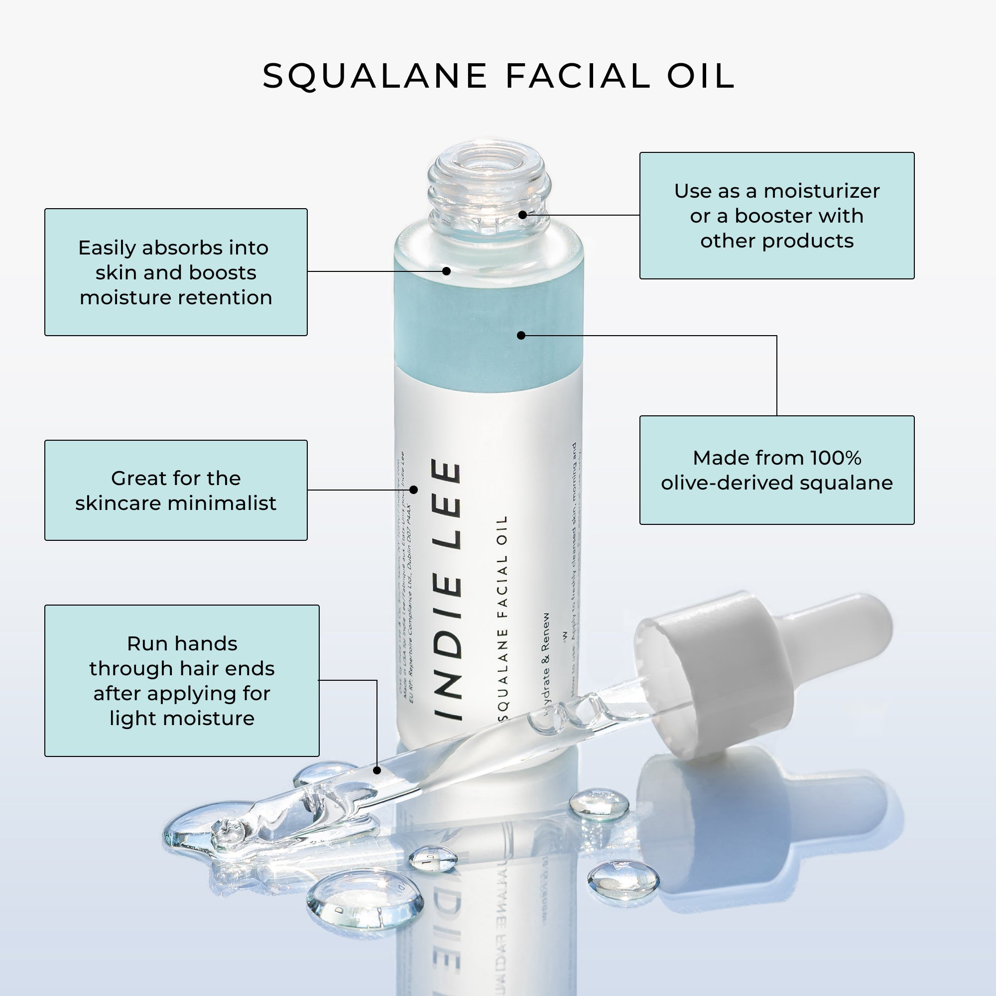 Indie Lee Squalane Facial Oil on a light blue background with text overlay