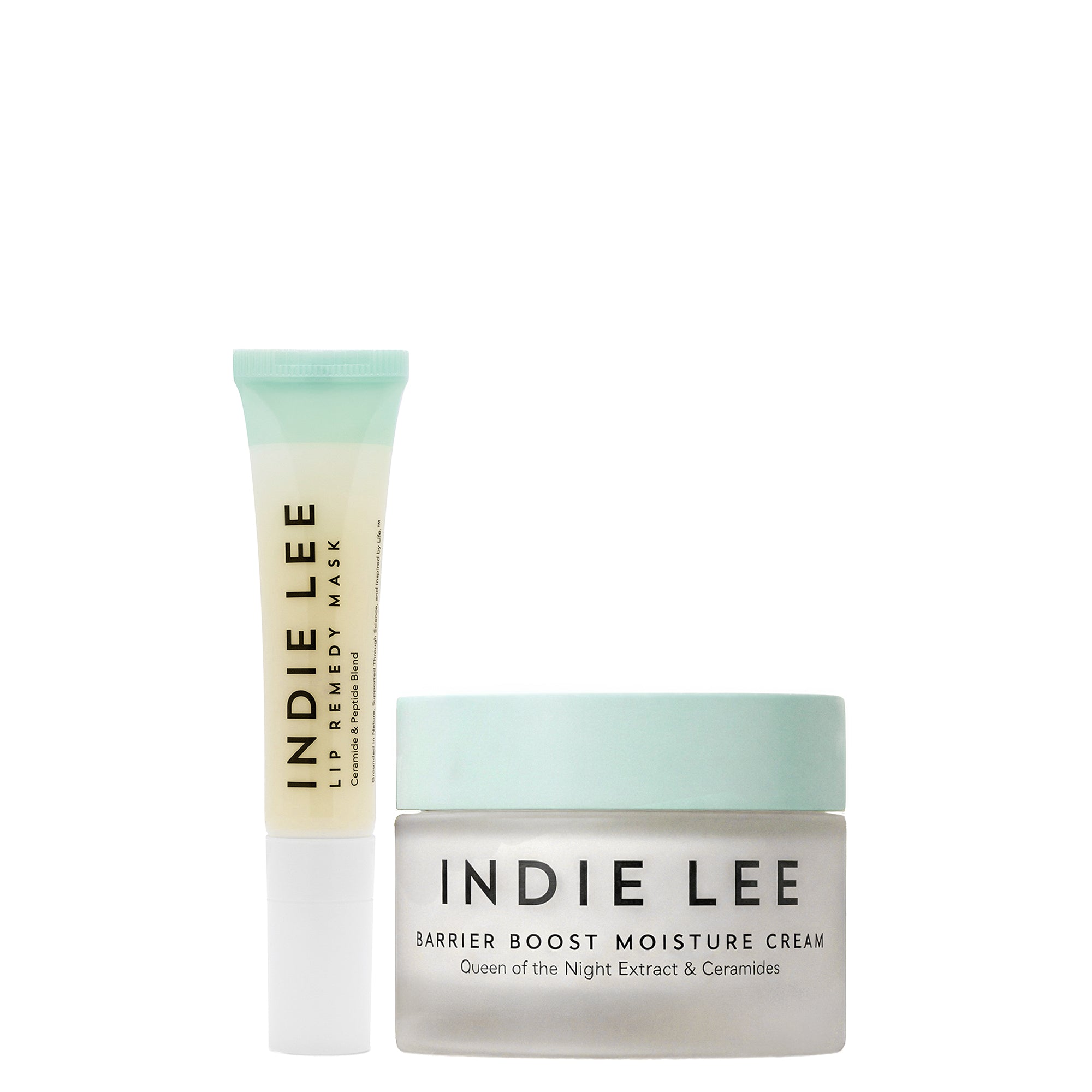 Indie Lee Stem Lip Remedy Mask and Barrier Boost Moisture Cream on a white background