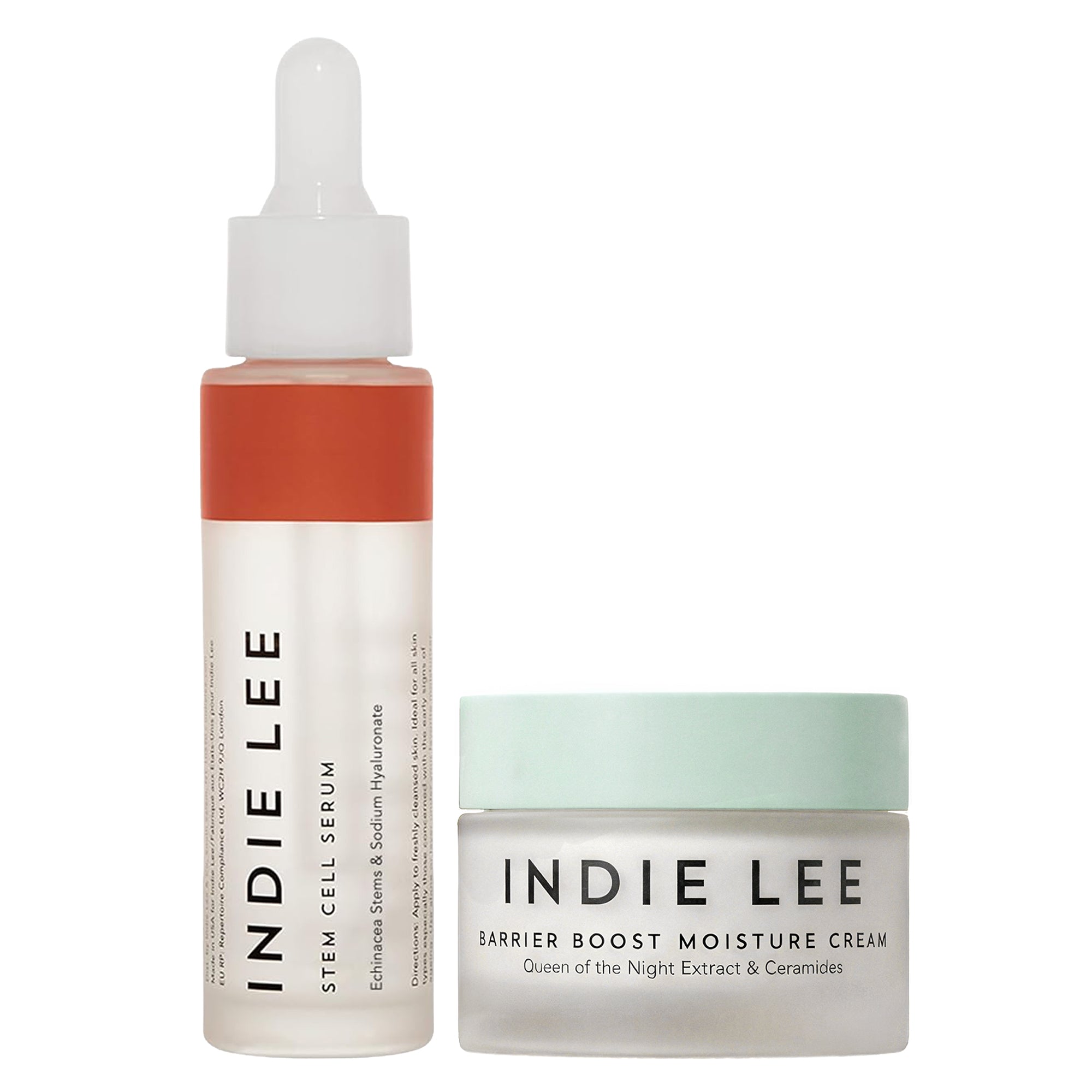 Indie Lee Stem Cell Serum and Barrier Boost Moisture Cream on a white background