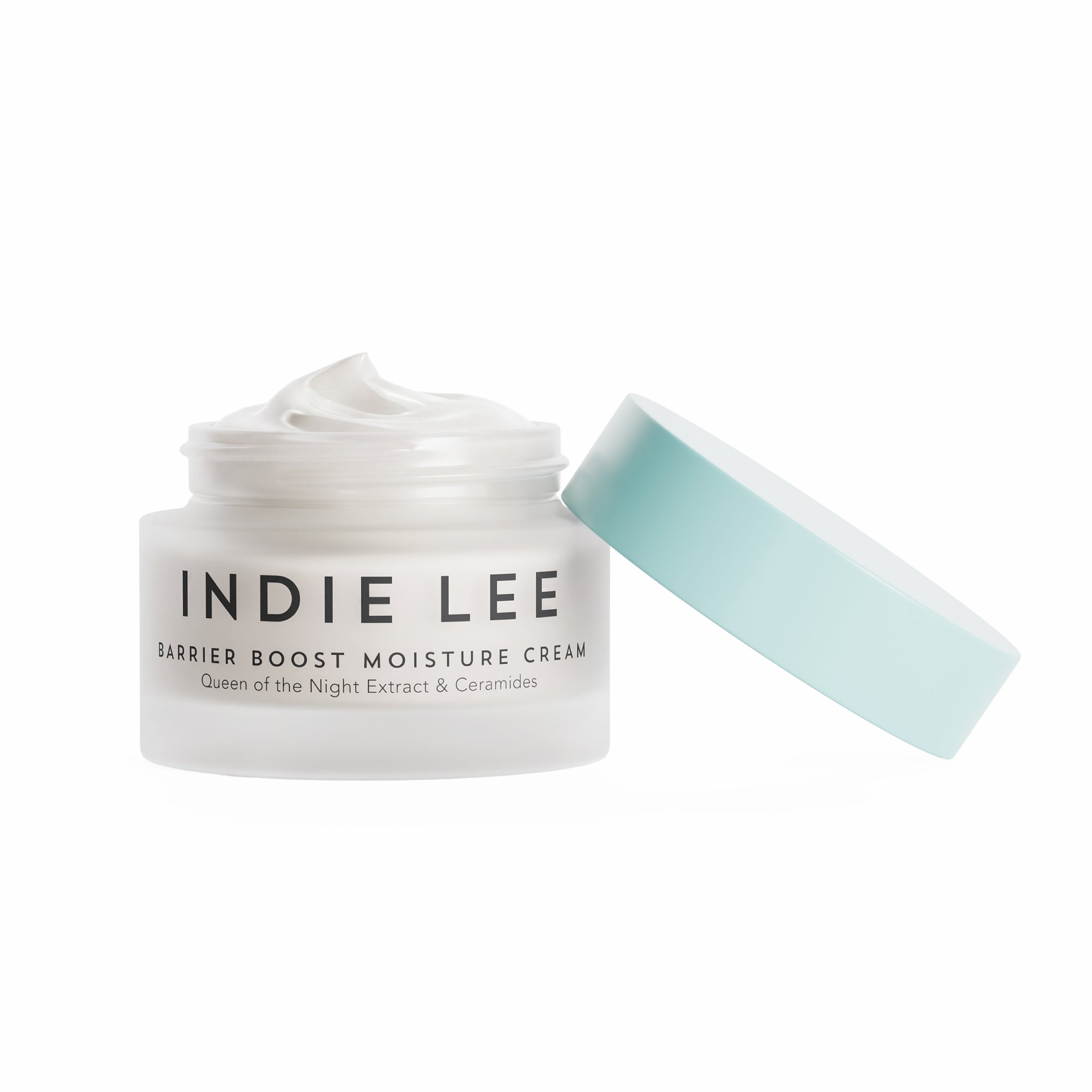 Open jar of Indie Lee Barrier Boost Moisture Cream on a white background