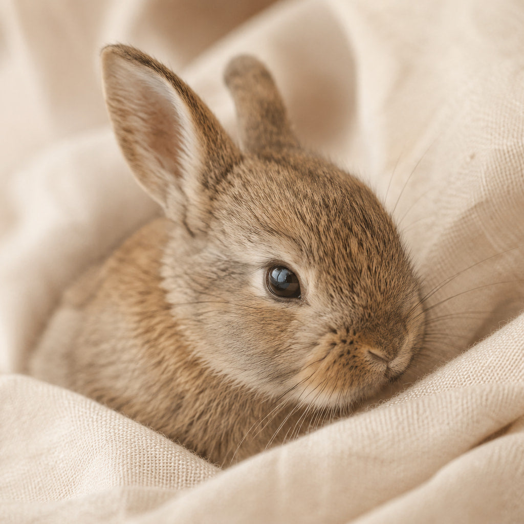 A close-up of a small brown rabbit nestled in soft beige fabric, with its ears upright and dark eye visible.