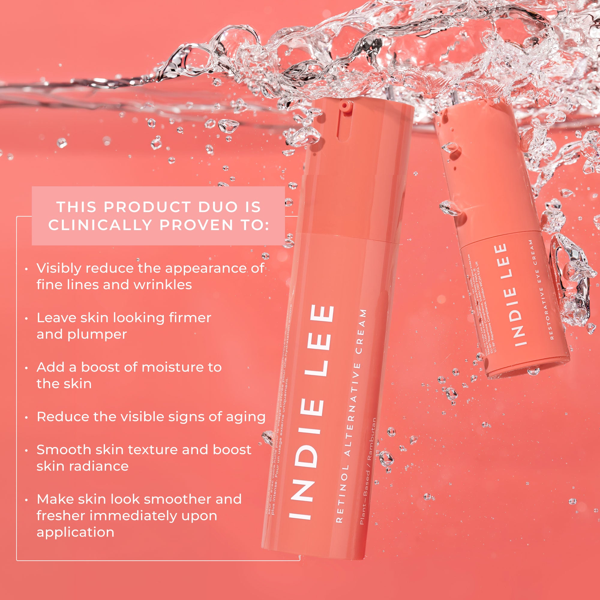 Two bottles of Indie Lee skincare products on a pink background with water droplets.