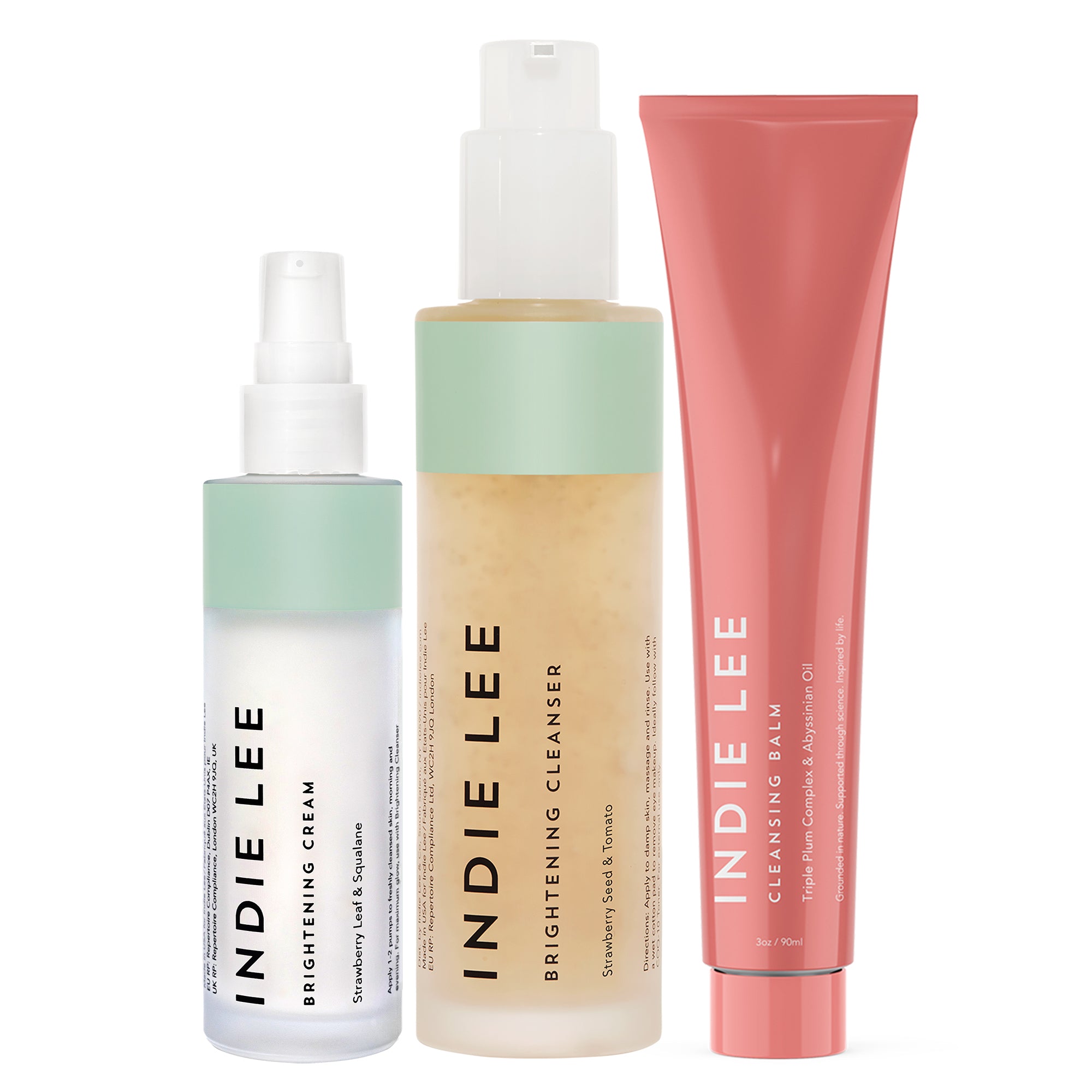 Three Indie Lee skincare products on a white background