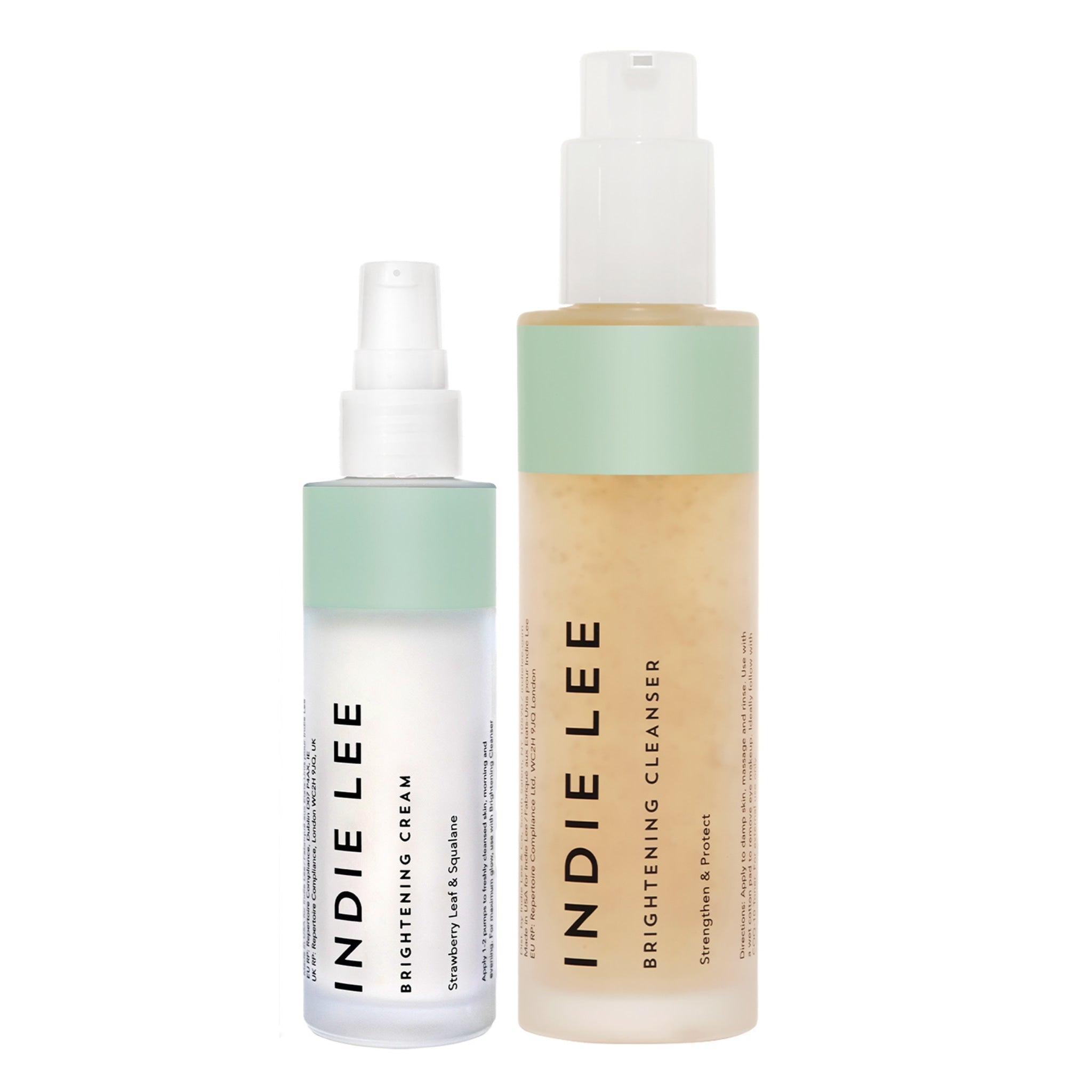 Two bottles of Indie Lee skincare products on a white background
