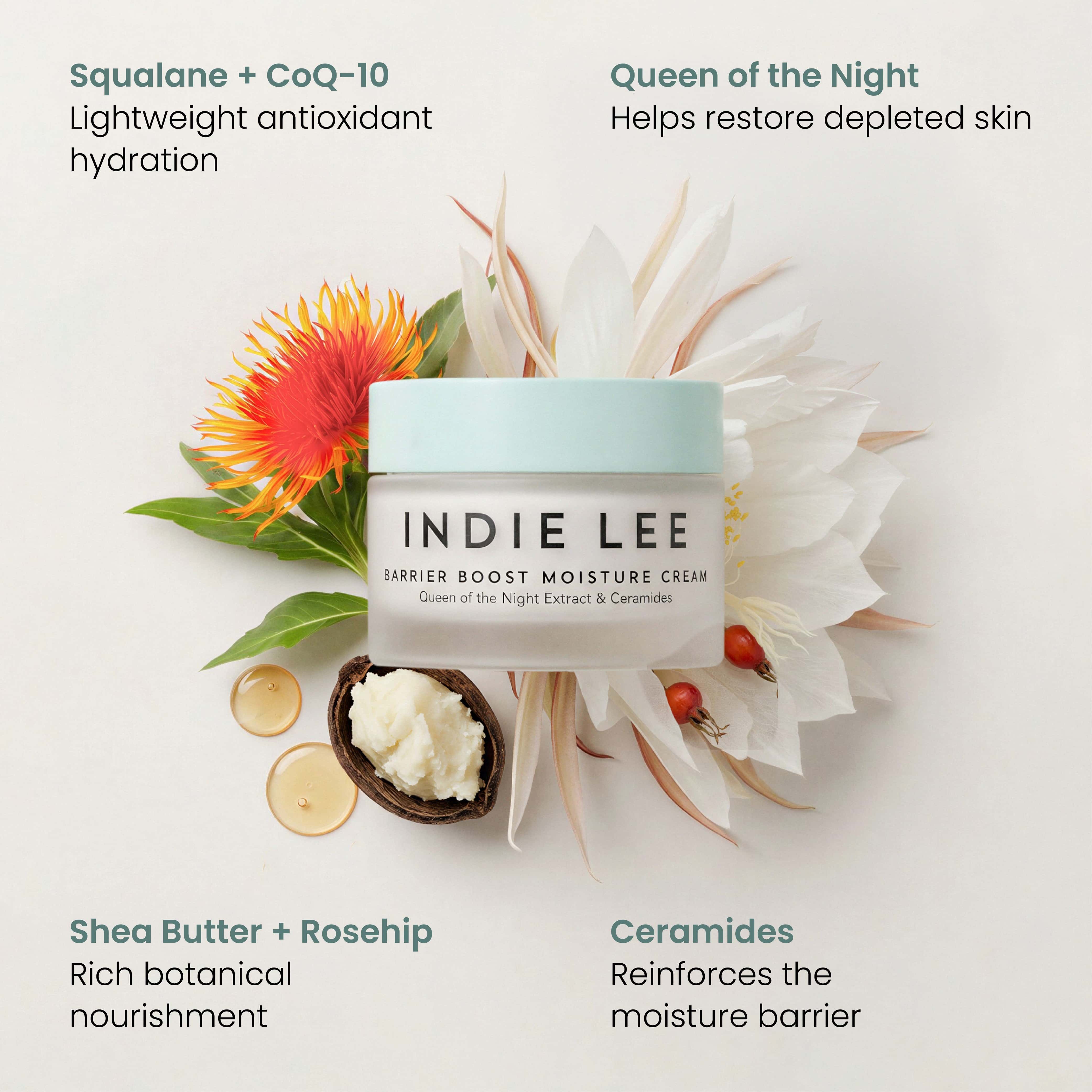 Jar of Indie Lee Barrier Boost Moisture Cream with ingredient callouts