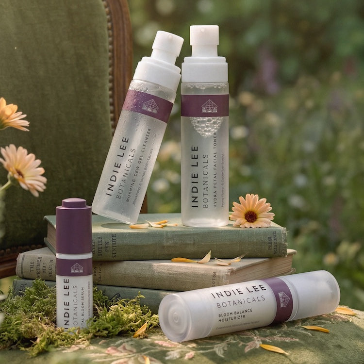 Four Indie Lee Botanicals skincare products arranged on vintage books with moss and small flowers in a garden setting.
