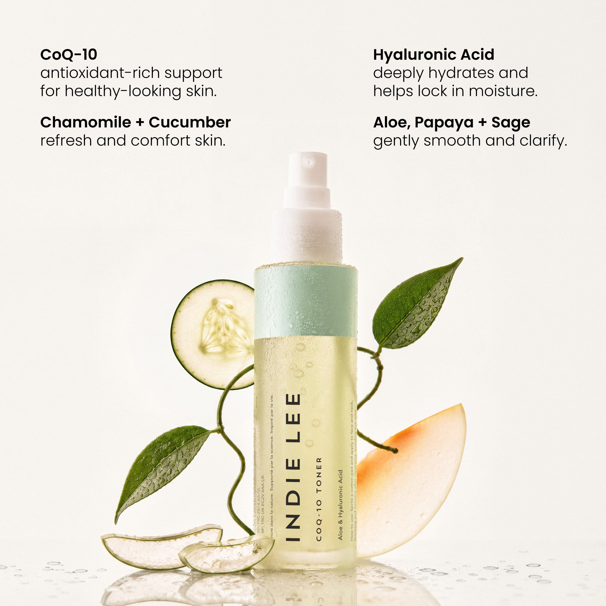 Indie Lee COQ-10 Toner bottle on a white background, surrounded by cucumber slices, aloe vera slices, and sage leaves with ingredient callouts.