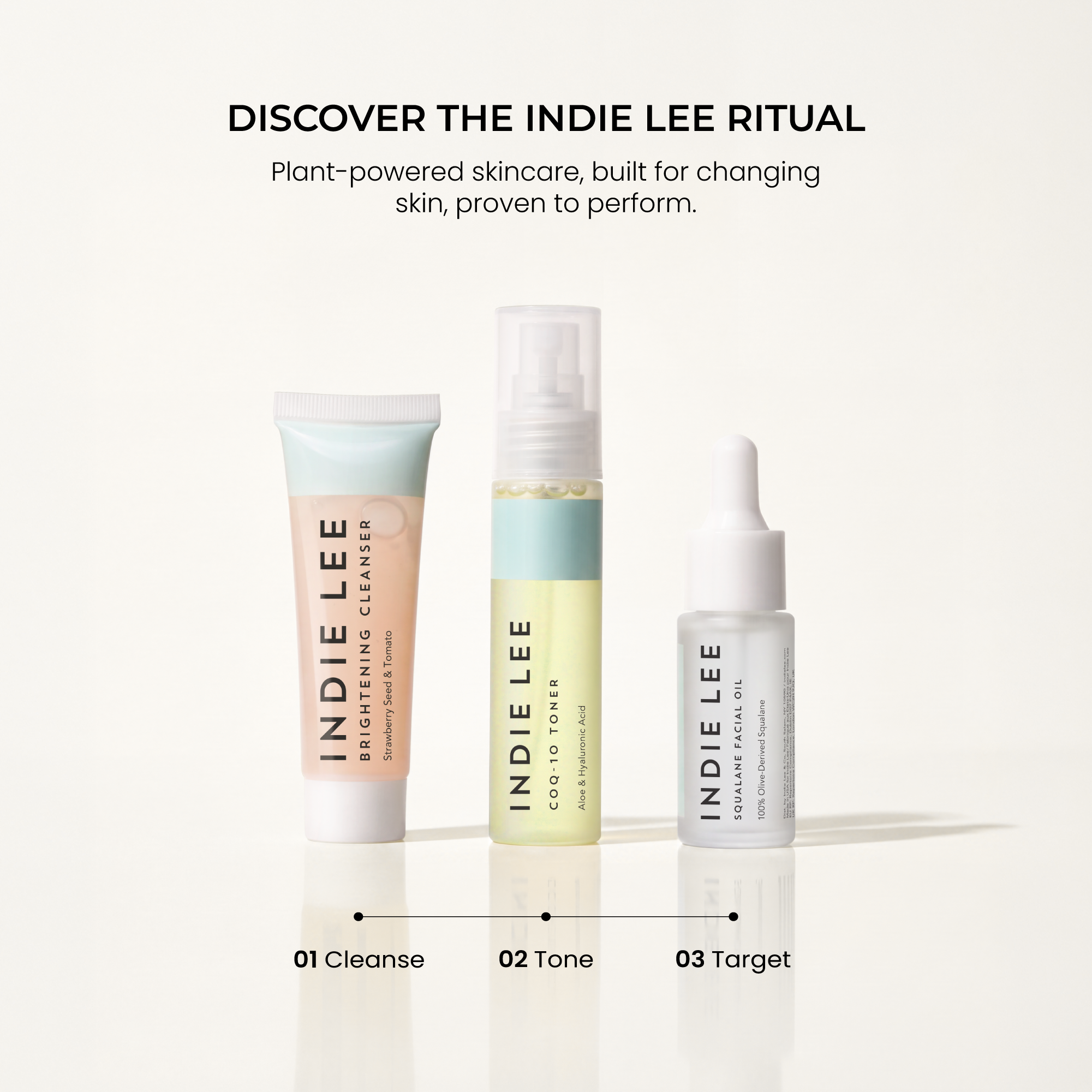 Three skincare products from Indie Lee on a clean off-white background with text above reading 'DISCOVER THE INDIE LEE RITUAL'