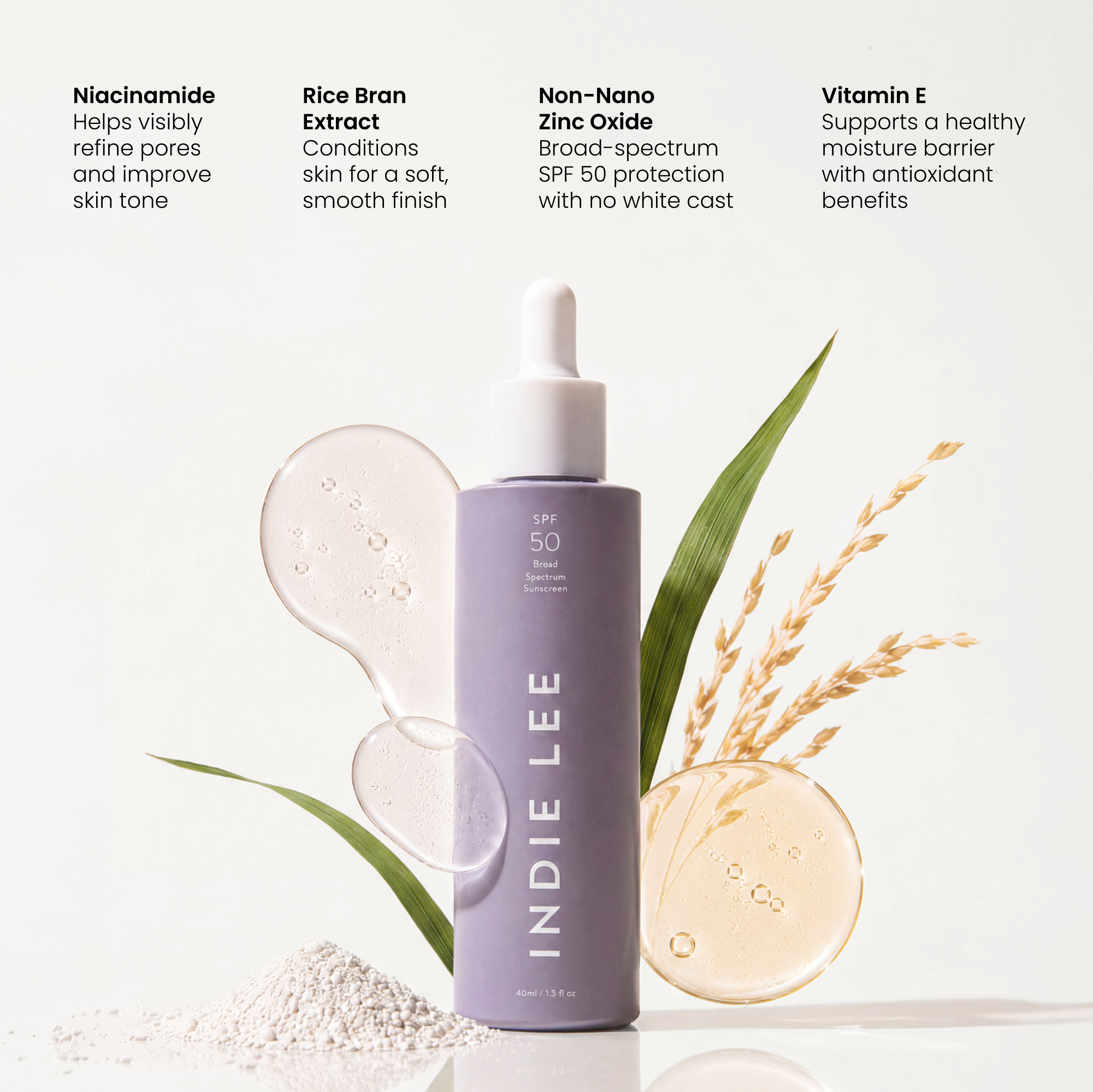 Bottle of Indie Lee Daily SPF Primer on a white background with ingredient callouts