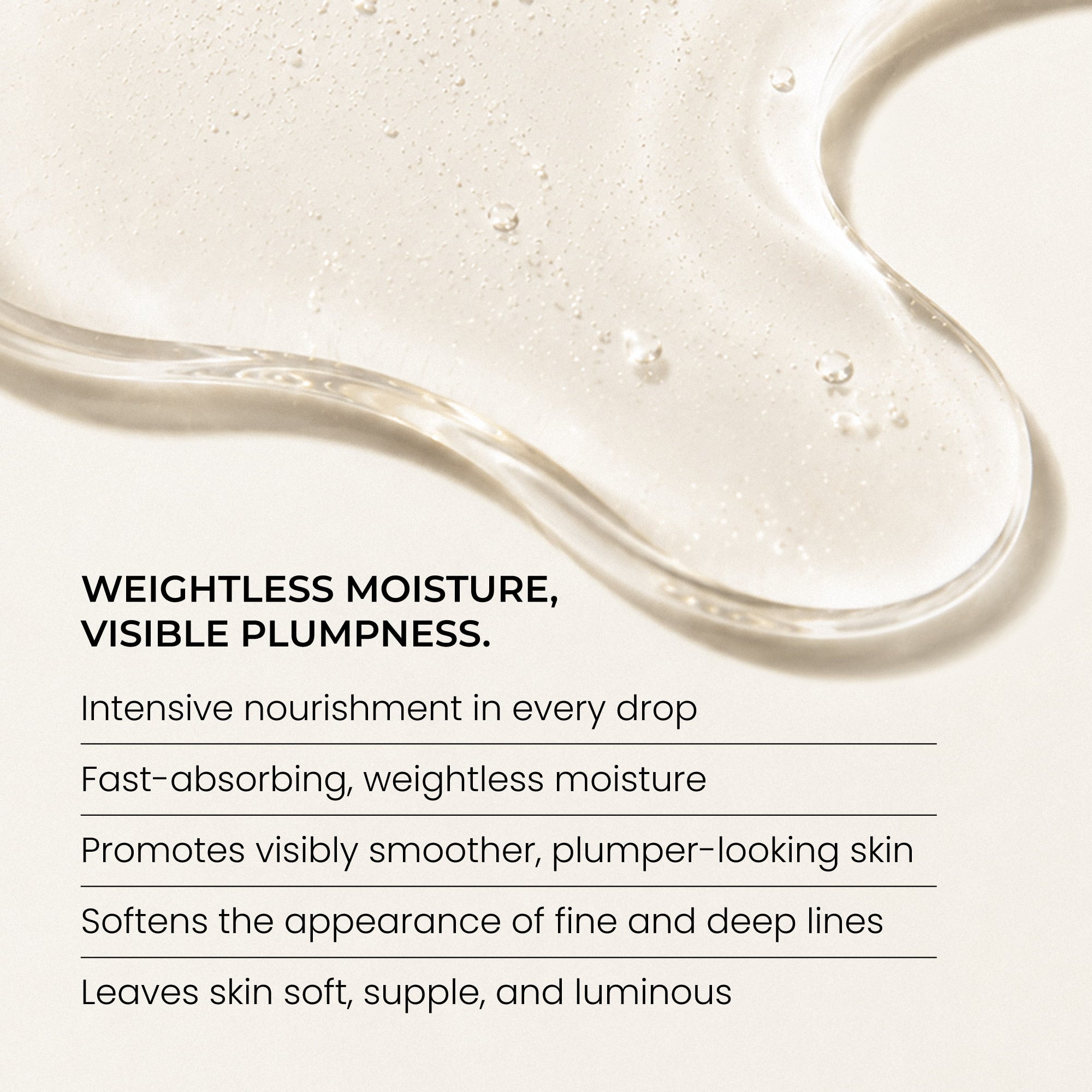 A close-up swatch of Indie Lee Squalane Facial Oil cream background, with text below reading 'WEIGHTLESS MOISTURE, VISIBLE PLUMPNESS.' and additional product benefits.