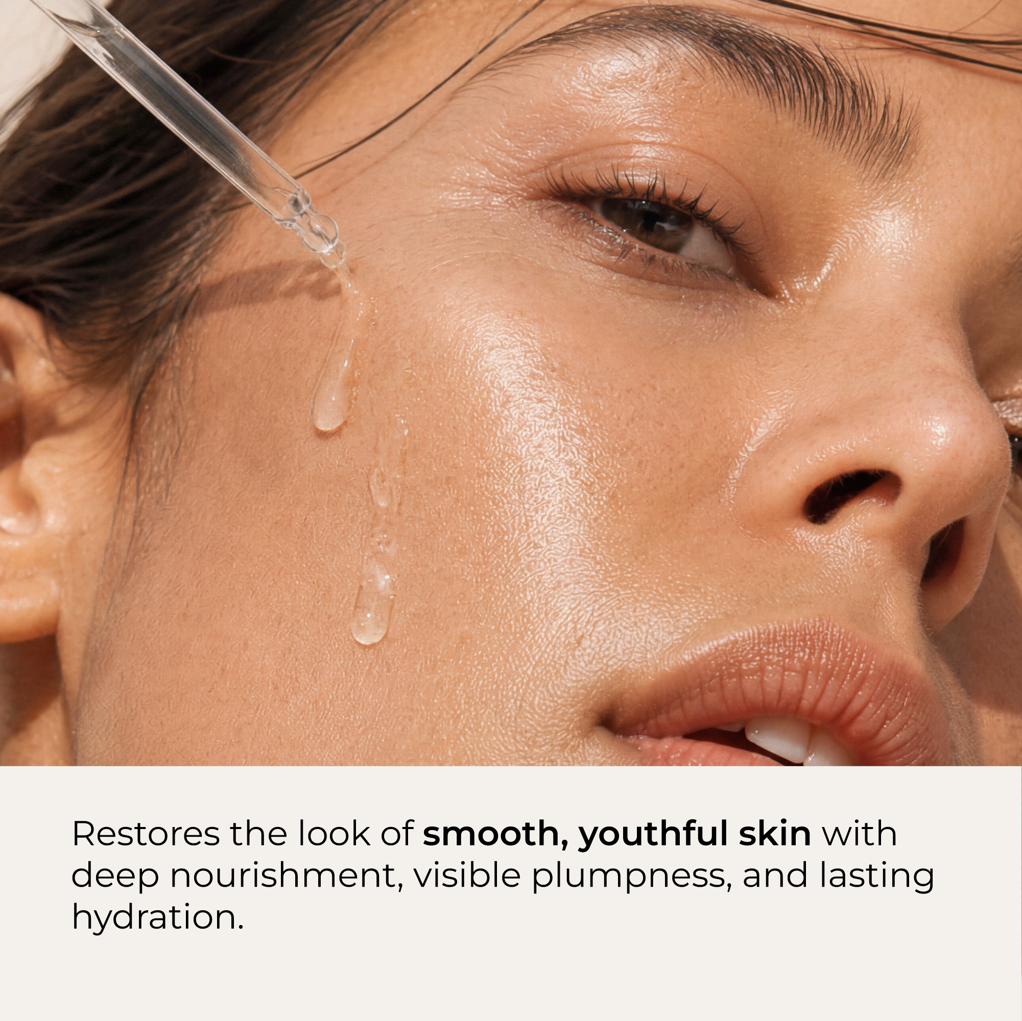 Close-up of a woman's face with an applicator dripping Indie Lee Daily Squalane Facial Oil onto her cheek with text overlay.