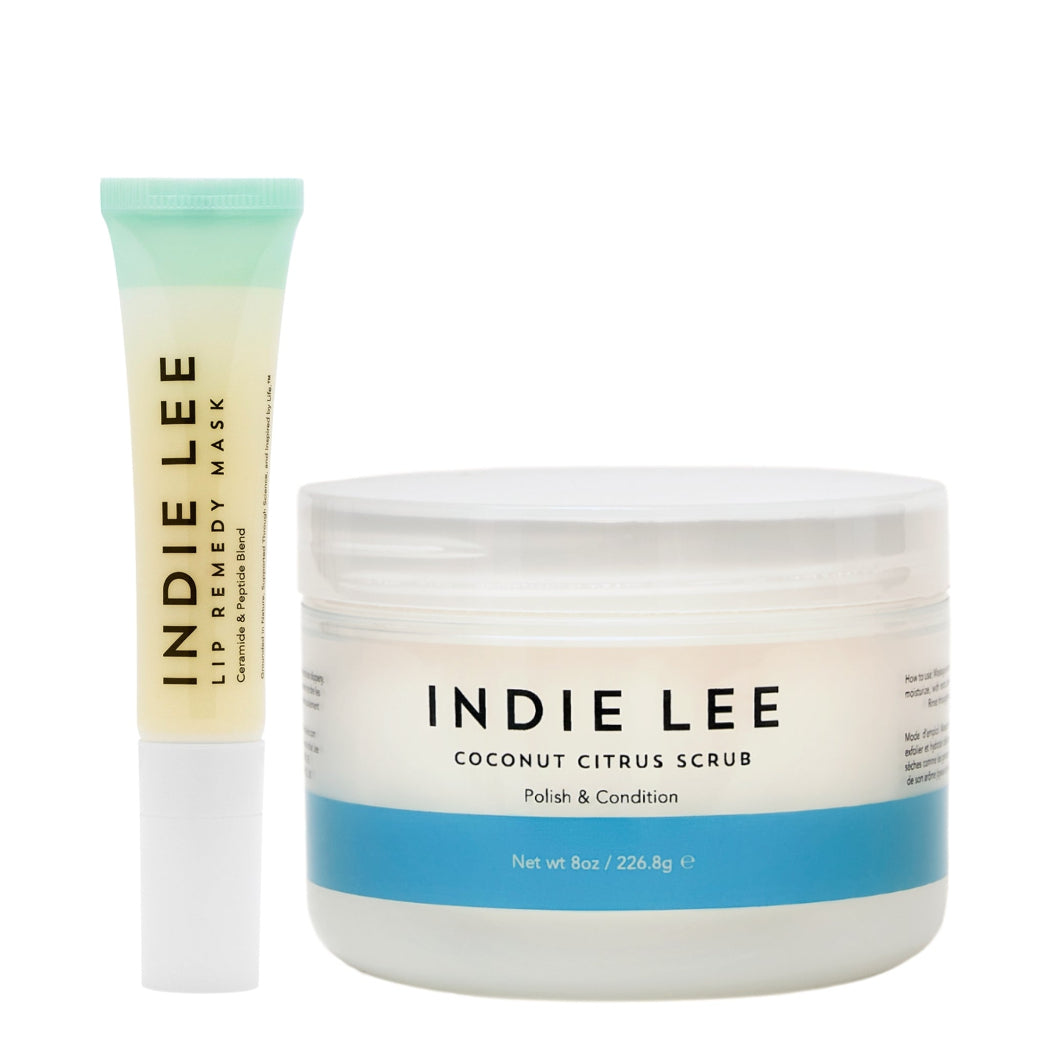 Indie Lee Lip Remedy Mask and Coconut Citrus Scrub on a white background