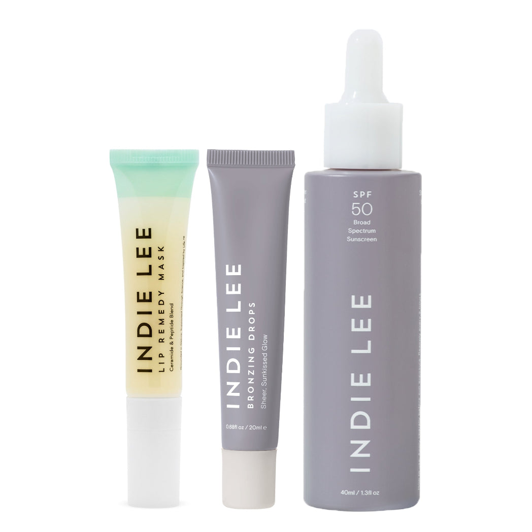 Three skincare products from Indie Lee on a white background